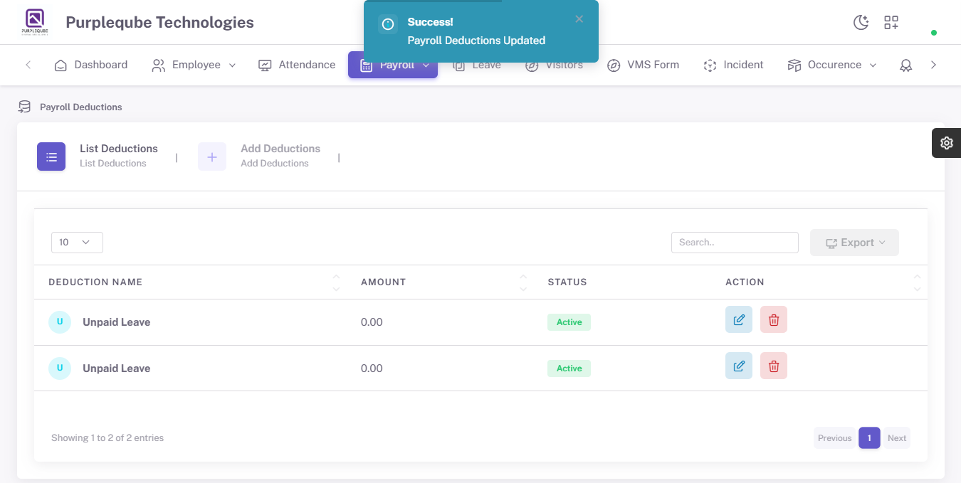 Success notification toast displaying Payroll Deductions Updated message with the updated deduction visible in the list
